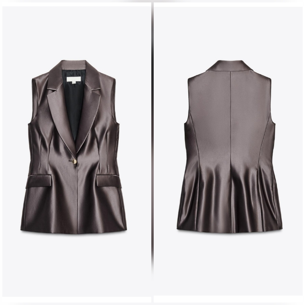 Zara 2 Pc Set Vest & Straight Pants Satin Effect Mocha - Picture 15 of 17